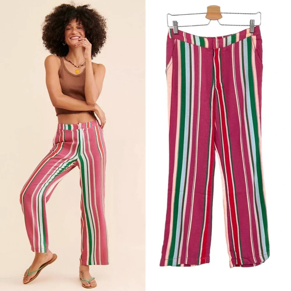Free People La Paz Stripe Cotton‎ Blend Ankle Pants Berry Combo Size 0